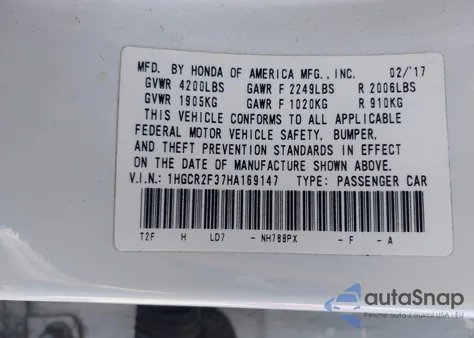 2017 Honda Accord Lx from USA, damaged, VIN 1HGCR2F37HA169147